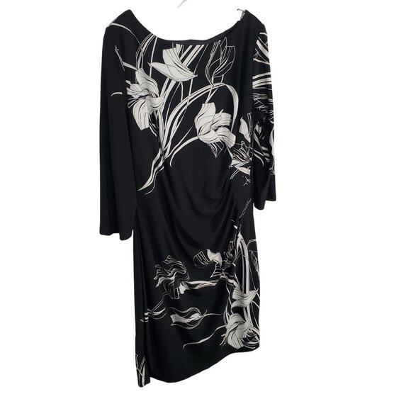 Anne Klein 16 Dress Floral Side Ruched Sheath Stretch Jersey Knee Length Elegant - Picture 1 of 12